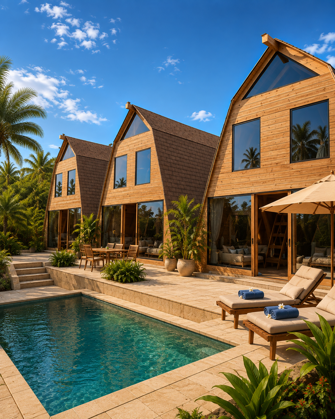 A-frame wooden villas beside the swimming pool with sun loungers and tropical plants