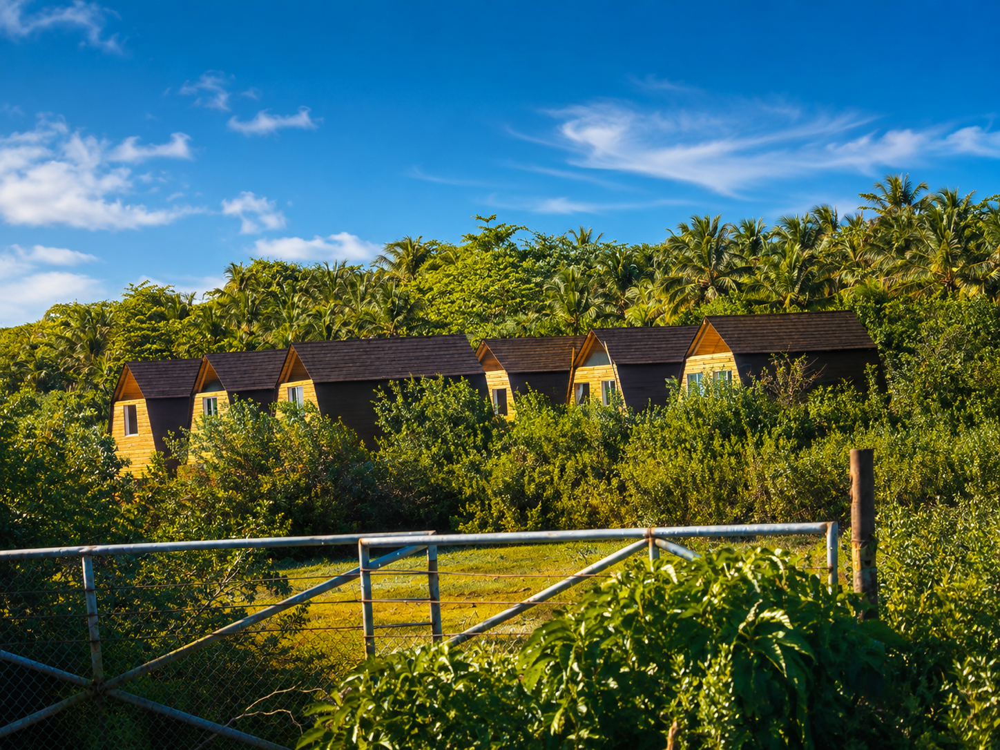 Row of wooden eco villas on a green hillside framed by palms in Uvero Alto