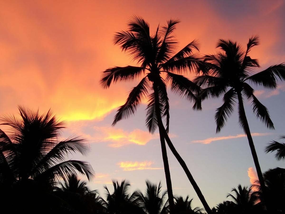 Palm silhouettes against a golden Caribbean sunset